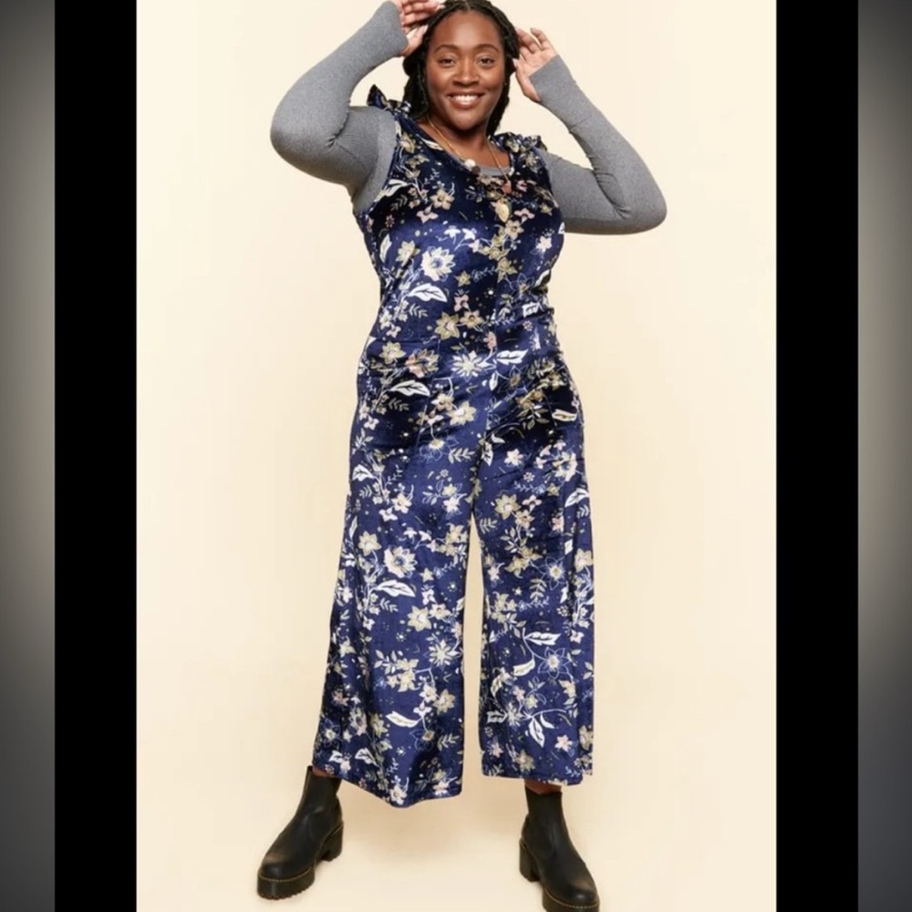 Earthbound Velvet Floral Tie Bow Strap Sleeveless Wide Leg Jumpsuit‎ Blue small